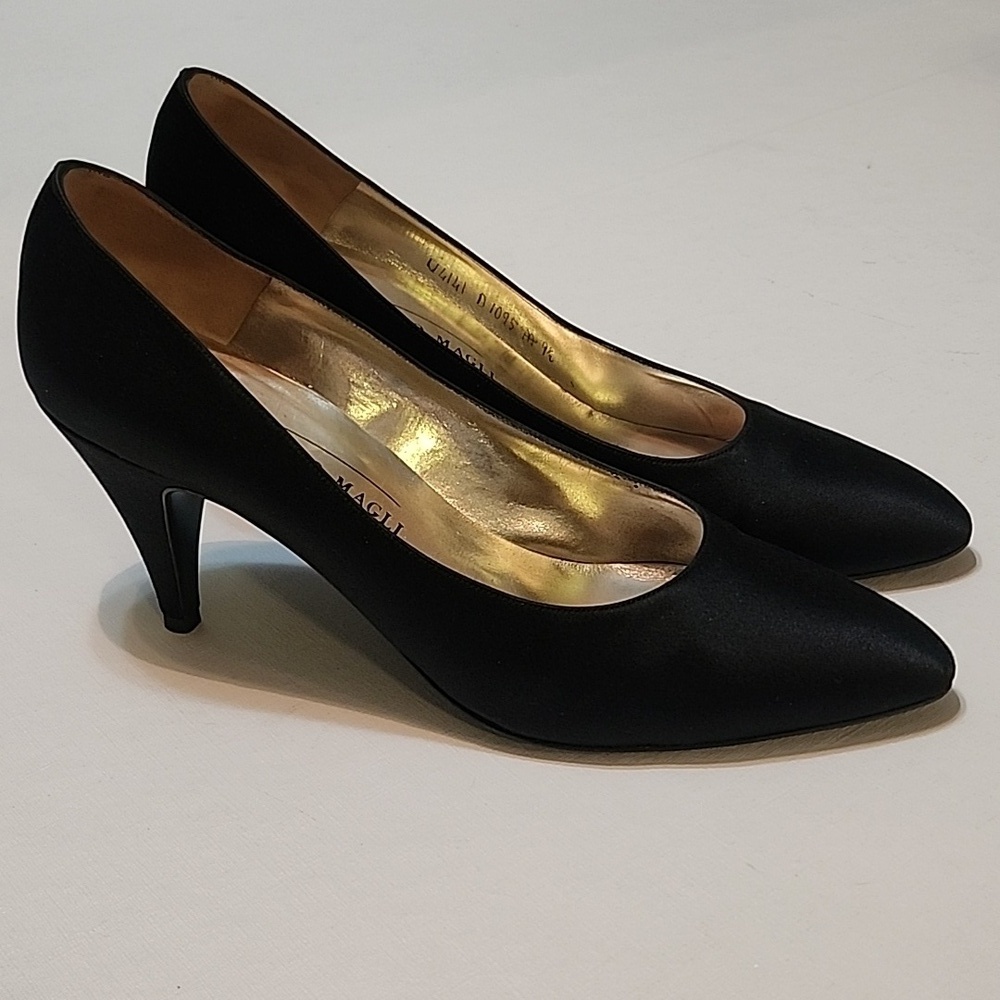 Vintage Bruno Magli Black Satin Heels Classic Style, 9.5, Narrow